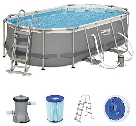 Bestway Power Steel 56620 - Piscina (Piscina con anillo hinchable, Ovalada, 7250 L, Azul, Gris, 90 cm, 1817 l/h)