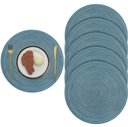 Pauwer Juego de 6 Manteles Individuales Redondos Trenzados, Algodón Antideslizante Salvamanteles Lavables, Alfombrillas de Comedor,Lago Azul