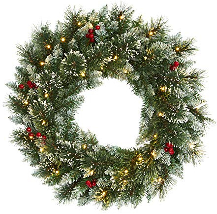 Nearly Natural 24in. Frosted Swiss Pine Artificial Wreath with 35 Clear LED Lights and Berries, Green, 5x24x24