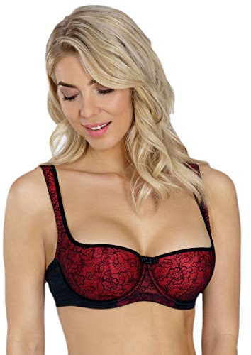 Rosme Women's Balconette Bra with Push Up Effect – Plus Size Sexy Lace Demi Half Cup Bra – Lightly Padded Underwired Low Cut Mesh Design Grand, Red, Size 42FF