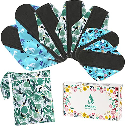 Reusable Menstrual Pads, 7 Pack Bamboo Cloth Pads for Heavy Flow with Wet Bag, 3 Sizes Sanitary Pads Set with Wings, Washable Overnight Cloth Panty Liners Period Pads