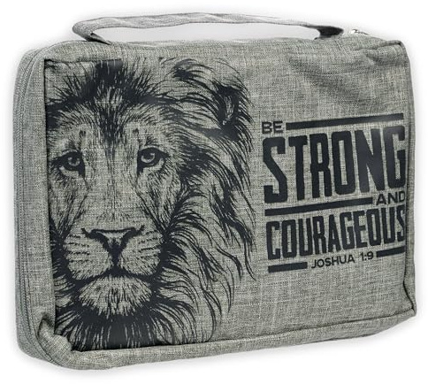 Christian Art Gifts Value Poly-Canvas Bible Cover for Men & Women: Strong & Courageous Bold Lion - Joshua 1:9 Inspirational Scripture with Pocket, Sleeves, Pen Loops, Gray, Medium