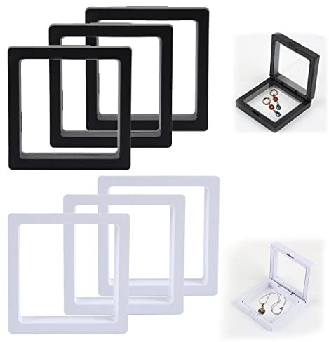 XiXiRan Cornice Flottante Trasparente 3D, 6 Espositore Monete da Collezione, Vetrine Quadrate Box per Gioielli, Campione, Collane, Orecchini, Anelli, Medaglioni, Pietre (Nero, Bianco)