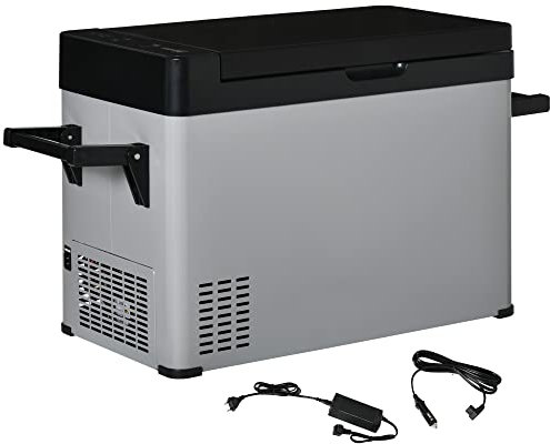 Outsunny Kühlbox Auto 50L mit LCD-Anzeige 2 Modi Kompressor Autokühlschrank mit Griffe Boot Camper Reisen 12/24V DC und 110-240V AC Grau+Schwarz