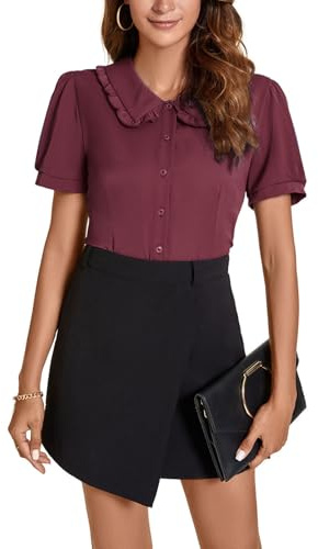 MINTLIMIT Women's Peter Pan Collar Short Sleeves Button Down Shirt Tops Work Blouse for Women