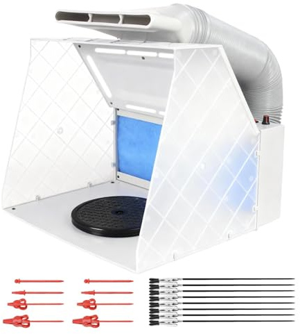 Magicrose Airbrush Spray Booth Kit with 8 LED Lights & 16 Alligator Clips, Adjustable Speed Fan Paint Booth with Retractable Hose, Turntable, Professional Hobby Work Station for Model,DIY Crafts,RC