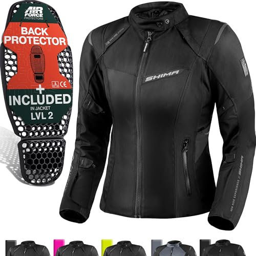 SHIMA RUSH Giacca Moto Donna con Protezioni 4 Stagioni | AIRFORCE Paraschiena | Giacchetta da Moto Impermeabile Estiva Tuta Pantaloni Touring (Nero, Donna, Giubbotto, Taglia M)