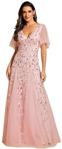 Ever-Pretty Robe de Soirée Grande Taille Col V Manches Courtes A Line Femme Longue Rose 40