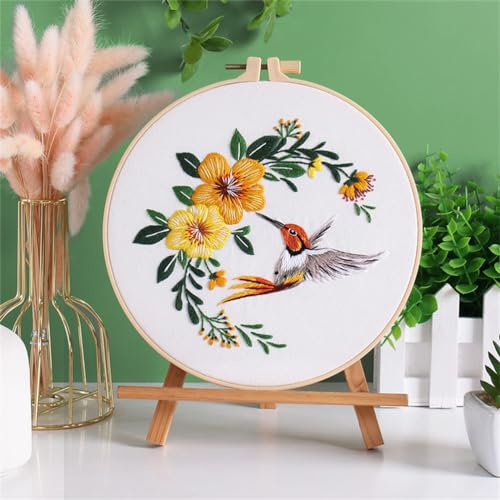 Meecaa Kit de broderie au point de croix avec motif imprimé colibri et fleurs jaunes pour adultes débutants, avec cercle à broder et instructions (français non garanti) (jaune)