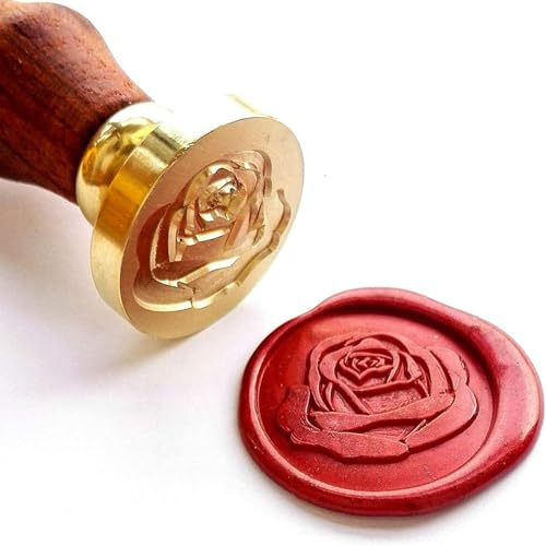 Sello de cera de rosa, sellos redondos de cera con mango de madera desmontable, sellos de cera de cobre, kit de sellos de cera para caja de regalo, tarjetas, sobres, invitaciones, paquetes de vino,