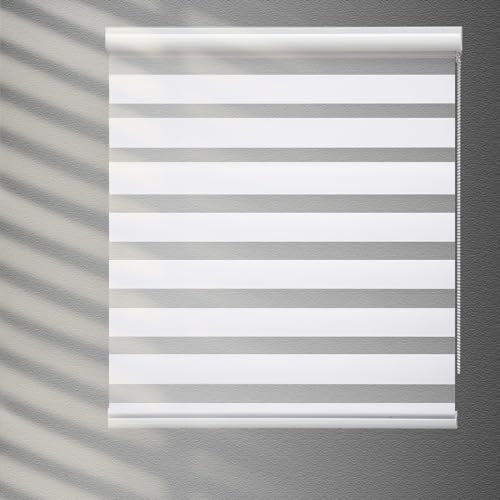 YIIBAII Day and Night Roller Blinds Zebra Blinds Blackout or Translucent Vision Roller Shades for Windows and Doors（W 60cm x L 150cm,White）