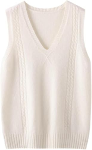 Amazhiyu Gilet en tricot pour femme, 100% laine, sans manches, col en V, pullover tricoté, blanc, S