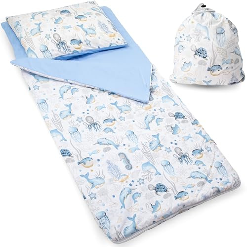 PinkZebra Sac de Couchage Couverture pour Enfant de 140 x 75 cm + taie d'oreiller de 60 x 40 cm pour Filles et garçons, en Coton avec Double Fermeture éclair, Motif Animaux Marins