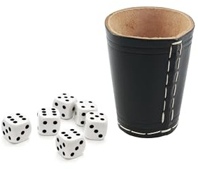DELALO Echtleder Würfelbecher inkl. 6 Würfeln – Handgearbeiteter Würfelbecher, 9 cm, Perfekt für Würfelspiele (Schwarz)