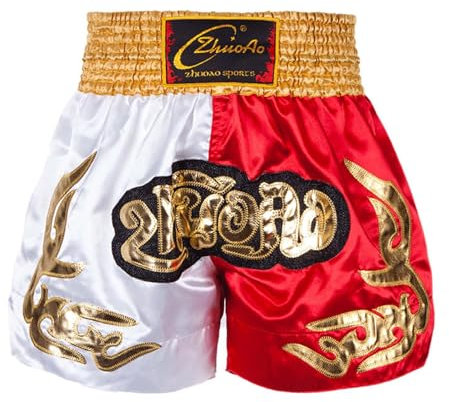 Xnihocha Kinder Muay Thai Boxen Short Hose Jungen Boxhosen Kickboxen MMA Kampfsport Boxhosen Fitnessstudio Training Gelb & Weiß & Rot 122-128