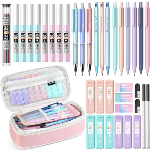 Nicpro 38PCS Aesthetic School Supplies in Pink Pencil Case, Cute Mechanical Pencil 0.5, 0.7, 0.9 & 2.0 mm with 18 Lead Refills, Pastel Mechanical Pencil Set for Students Girls Writing Drawing Drafting
