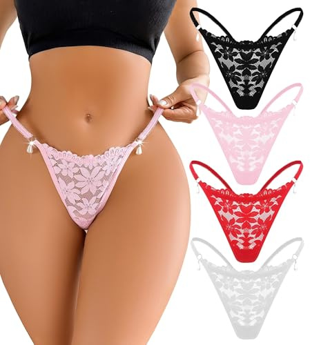 FULLJOYLOVE Perizoma per Donne Pizzo Mutandine Francesi Sexy G String T Indietro Mutandine Elastiche Perizoma Hipster Bikini Slip Confezione da 4 Nero Bianco Rosso Rosa M