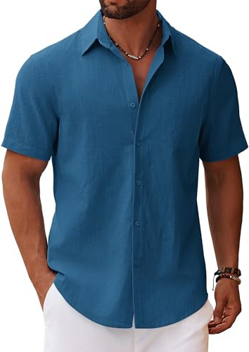 COOFANDY Men's Short Sleeve Summer Shirts Cotton Shirt S-4XL | 100% Cotton, Linen Textured Look, Casual Beach Shirt, Holiday Shirts, with Chest Pocket