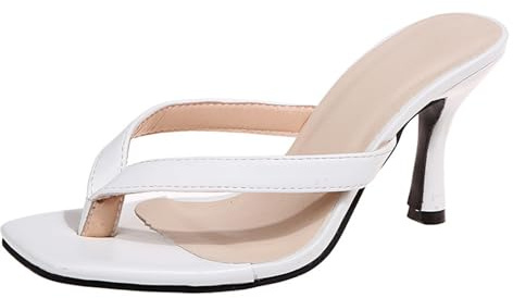 Women's Sandals with Heel, Elegant Toe Sandals, Women's Summer Stiletto Heel Shoes, Open Toe, Breathable Mules, Rubber Summer Shoes, Fashionable Toe Post Sandals, Leisure High Heels Sandals, White, 6