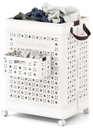 Multigot Foldable Laundry Basket on Wheels, 75L Rolling Laundry Trolley Cart with Side Basket and Handles, Plastic Dirty Clothes Storage Hamper Portable Washing Basket for Bathroom Bedroom