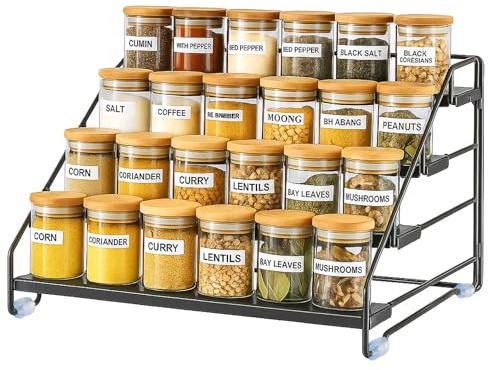 Spice Rack, 4-Tier Spice Organiser for for Inside Cupboard, Cabinet or Countertop – Adjustable Depth Stepped Shelf for Kitchen, Pantry, Cupboard – Metal Storage Rack