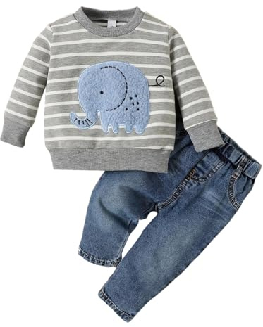 LUVCES Conjunto de Otoño para Bebé Niño Pequeño Manga Larga Bordado de Elefante a Rayas Sudadera Top y Pantalón Vaqueros 2 Piezas Primavera Ropa de Trajes Elefante de rayas grises 9-12 Meses