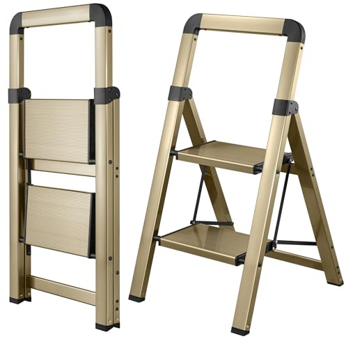 BIBKOKE Scaletta pieghevole a 2 gradini, in alluminio, finitura oro champagne, pieghevole, antiscivolo, portatile, robusto, per casa e cucina, ufficio, 150 kg