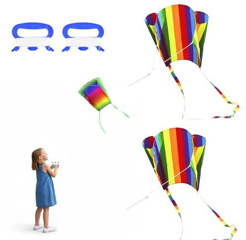 3 Pezzi Aquilone per Bambini e Adulti, Aquiloni Arcobaleno, Aquilone per Principianti, Aquiloni per la Spiaggia, il Parco e le Attività all’Aperto, con Code Colorate e Filo Incluso