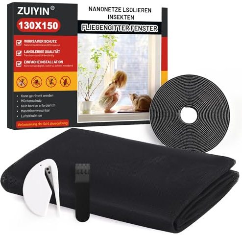 2 unidades de mosquitera para ventanas, protección contra insectos, cortable, 130 x 150 cm, protección contra mosquitos sin taladrar con cinta de , mosquitera y mosquitera para ventanas