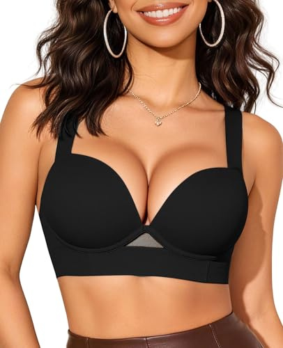 Upushall Padded Push Up Bra Add 2 Cups Longline T Shirt Everyday Plunge Bras for Women Underwire Support Black 32B