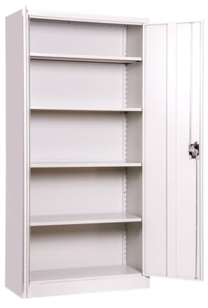 Grey Steel Storage Cupboard 2 Door Tall Locking Bookcase Filing Cabinet Unit 185cm , Heavy Duty Shelving x4 Shelves, Flat Pack