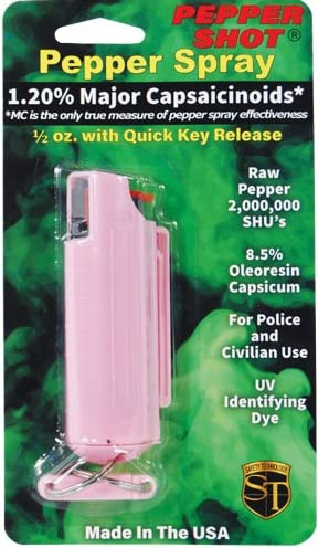 Pepper Shot 1.2% MC 1/2 oz pepper spray hard case belt clip and quick release keychain pink