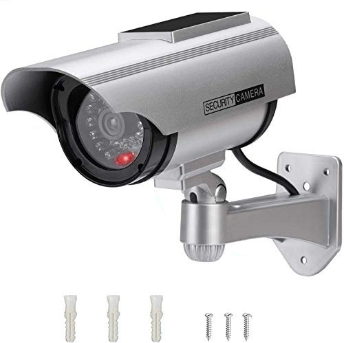 HD4K Caméra de Surveillance Factice pour l'extérieur, énergie Solaire Appareil-Photo de dôme de télévision - Circuit fermé de sécurité avec lumière Clignotante de LED Argent-1 Pack