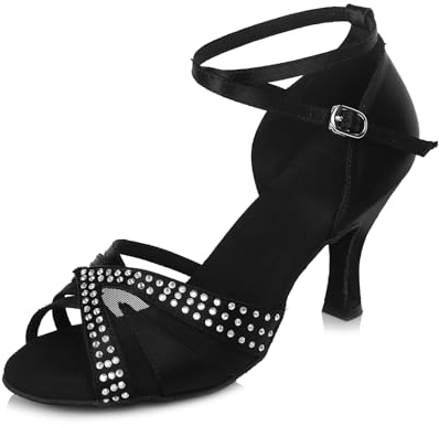 YKXLM Chaussure de Dance Latine Femme Danse de Salon Latin Chaussures Strass,Talon 6.5cm,Noir,39 EU