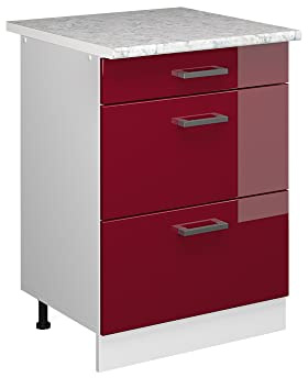 Vicco Küchenunterschrank R-Line, Rot Hochglanz, 60 cm mit Schubladen, AP Marmor, zur freien Kombination innerhalb modularer Küchensysteme