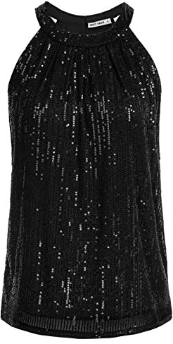 Damen Pailletten Casual Tops Elegant Bluse Ärmellose Neckholder Oberteile Schwarz S CL1792A22-02