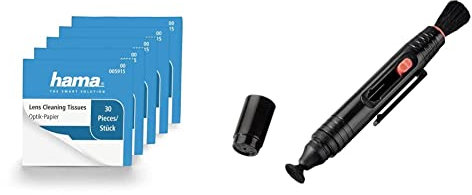 Hama Optik Reinigungspapier, 150 Stück & Reinigungsstift zur Objektiv- und Filterreinigung, 12,5 cm lang, Lenspen, Schwarz