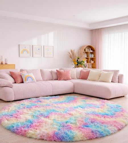 MARATIP Rund matta med lång lugg, modern matta, för vardagsrum, sovrum, matsal eller barnrum, mjuk och fluffig matta för sovrummet (regnbåge, 120 cm rund) | Halkfri matta, maskintvättbar, mjuk tjock hög sängmatta, lurviga mattor för barn sovrum, barnkammare