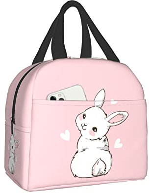 XVBCDFG Lindo conejito y corazón en una caja de almuerzo rosa Bento Box Bolsa de almuerzo impermeable reutilizable con bolsillo frontal para oficina Picnic S