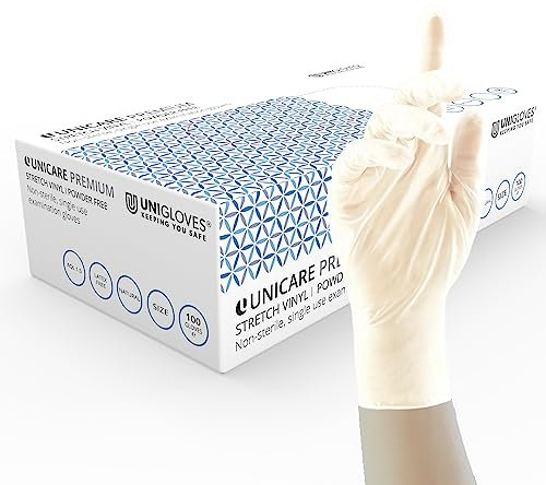UNIGLOVES Unicare GU0075-A Lot de 100 gants jetables en vinyle extensible, sans poudre, sans latex, poids lourd, naturel, taille XL