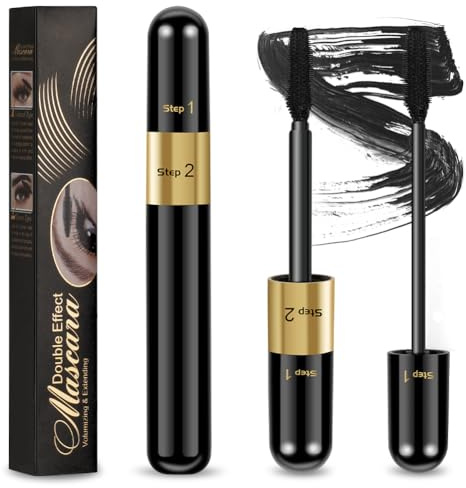 LOPHE Mascara de Pestañas, 2 en 1 Máscaras con Fibras de Seda, Máscara en 2 Pasos, Rimmel de Larga Duración, Diseño de Cabezal de Cepillo Doble, Crea Pestañas Naturales, Gruesas y Largas (Tubo Negro)