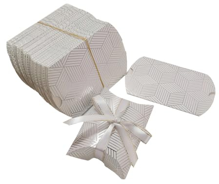 Upstore Paquete de 50 cajas de regalo pequeñas de papel kraft con cinta para bodas, fiestas, joyas, embalaje de jabón (rayas plateadas)