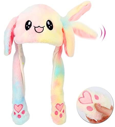 Bubblepompom Rainbow Bunny Hat with Ears Moving Jumping Pop Up Beating Hat Plush Holiday Cosplay Dress Up Funny Party Gift for Kids Boys Girls, Colorful, 22''