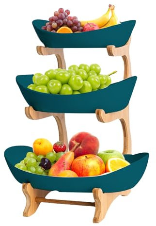 Présentoir à 3 étages avec bol à fruits, corbeille à fruits à plusieurs étages pour cuisine, support moderne en bois, support pour gâteaux aux fruits et panier de rangement pour plan de travail, bols