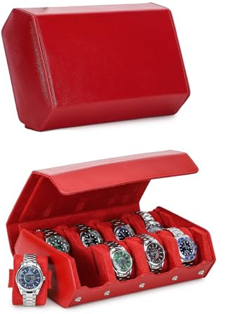 Hiram Caja de reloj hexagonal de piel auténtica Saffiano para 8 relojes, caja protectora de almacenamiento de relojes de cuero con 8 ranuras, organizador de exhibición de relojes para hombres (rojo)