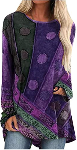 Top da donna a maniche lunghe UK tinta unita casual girocollo stile etnico stampa maglione top manica lunga camicetta allenamento elegante signore felpe Henley camicie da donna UK, 03 viola 1, L
