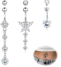 YADOCA 14 g navelpiercing kirurgiskt stål silver/guld piercing navel hjärta CZ lång navelpiercing ring (med 3 ersättningsbollar)