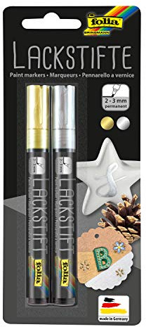 folia 1829 - Lackstifte, 2er Set, Strichstärke 2 - 3 mm, gold und silber, wasserfest und lichtecht, zum Beschriften und Verzieren