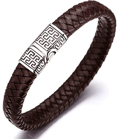 HALUKAKAH ● Solo ● Bracciale Uomo in Vera Pelle Cuoio Marrone Chiusura Magnetica in Chiave Greca Titanio Acciaio 8.46(21.5cm) con Pacco Regalo
