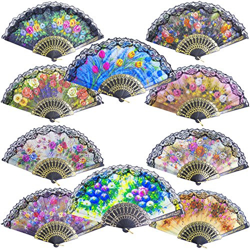 Grosun 10 Pieces Spanish Hand Fan Handheld Fans for Women Floral Spanish Folding Fan Foldable Fan Vintage Fans Handheld Hand Fan for Wedding and Party Decoration